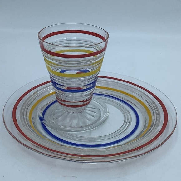 Set of Three Vintage Striped Glass Cordials and Snack Plates - Picture 7 of 11